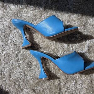 EGO Bright Blue Open-Toe Flared Heel Mules